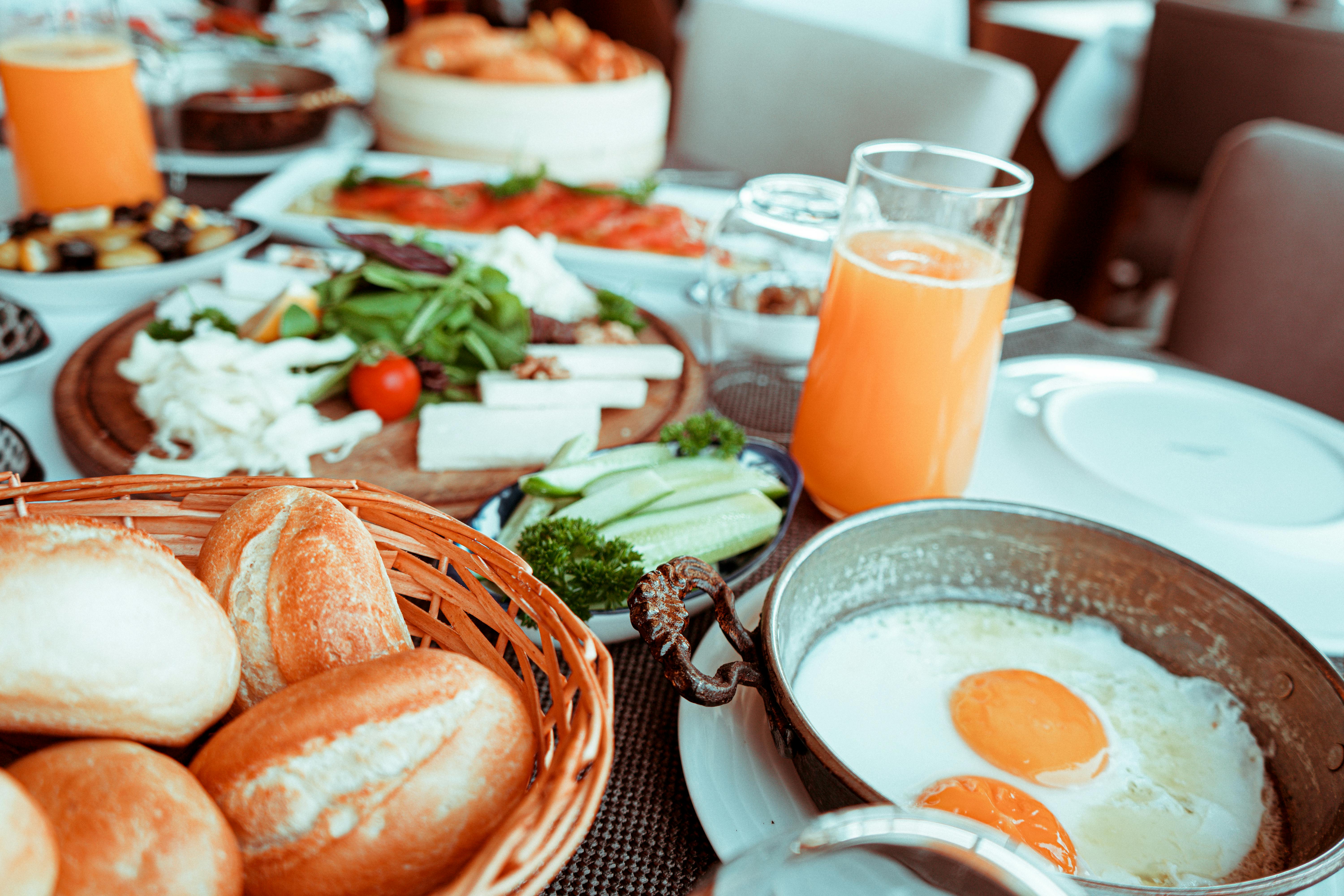 Modern breakfast options like cereals, fruits, and toast